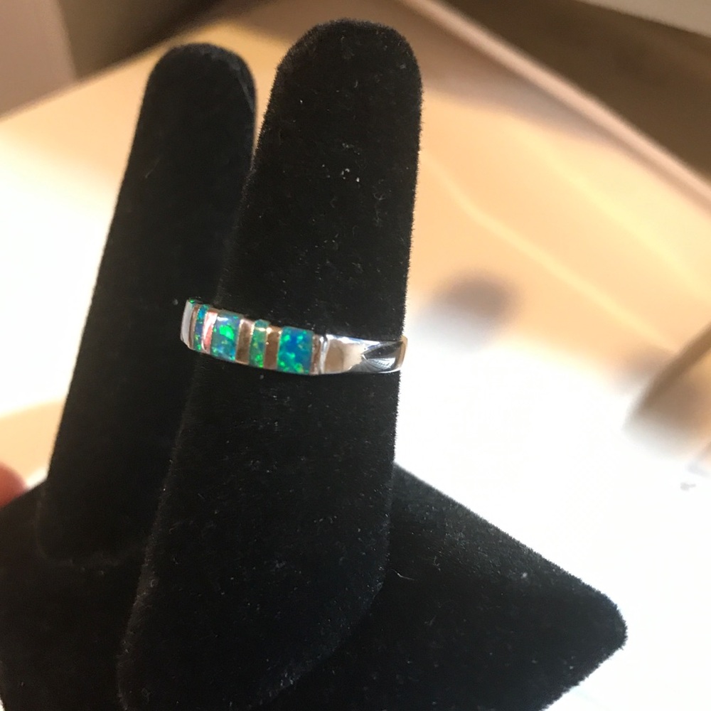 Blue lab Opals Silver 925 Band Ring Lovely  7 3/4 - Picture 6 of 6